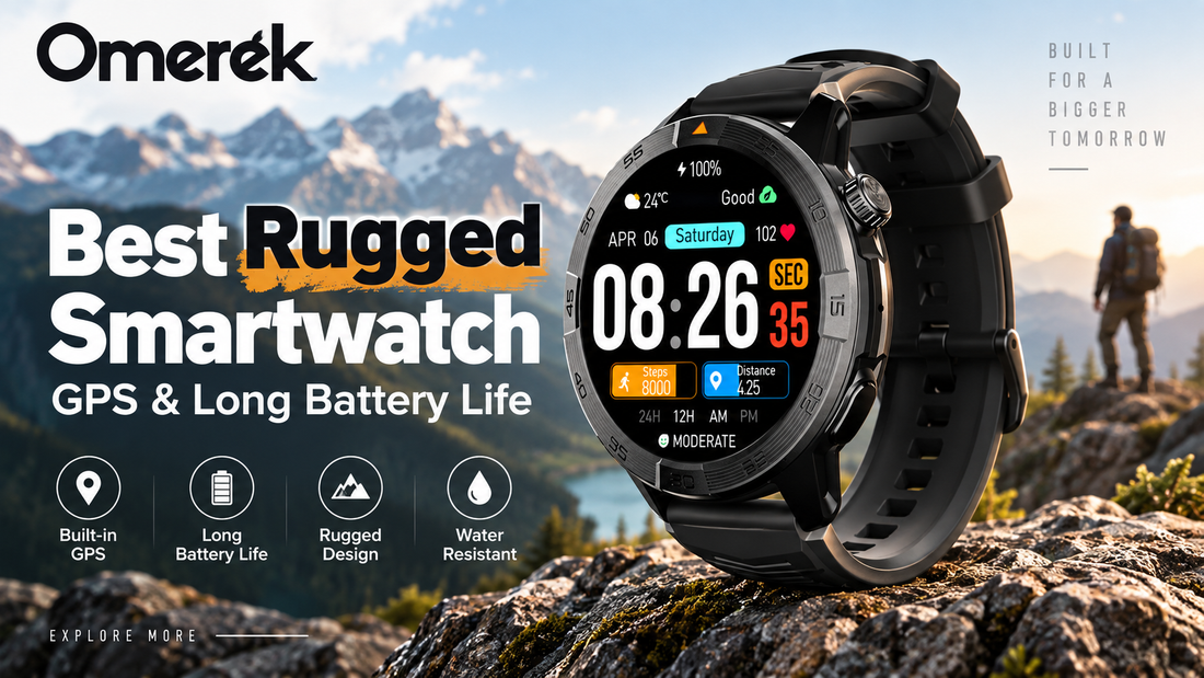 Omerek rugged smartwatch with GPS and long battery life shown in an outdoor mountain setting