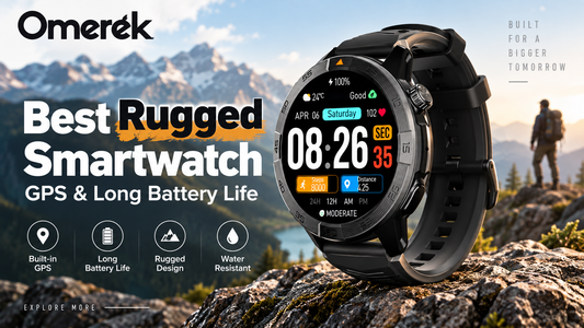 Omerek rugged smartwatch with GPS and long battery life shown in an outdoor mountain setting