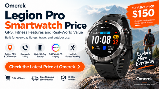 Legion Pro smartwatch price banner with GPS, Bluetooth calling, AMOLED display, fitness tracking, and outdoor use features