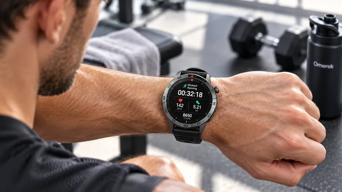 Men's workout watch showing fitness tracking data during a gym workout