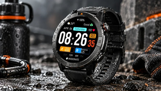 Most durable smartwatch with rugged outdoor design on a wet rocky surface