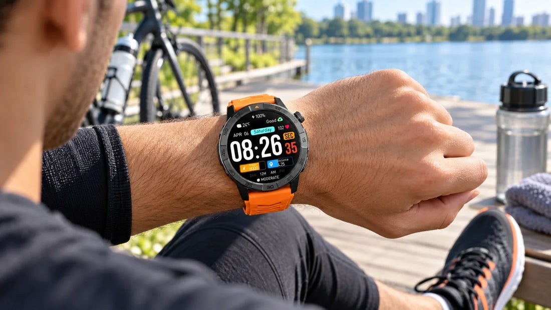Rugged outdoor smartwatch with GPS fitness tracking during a waterfront outdoor workout
