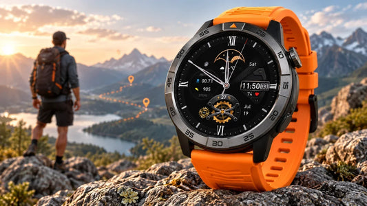 Rugged smartwatch for men with GPS fitness tracking on a mountain hiking trail