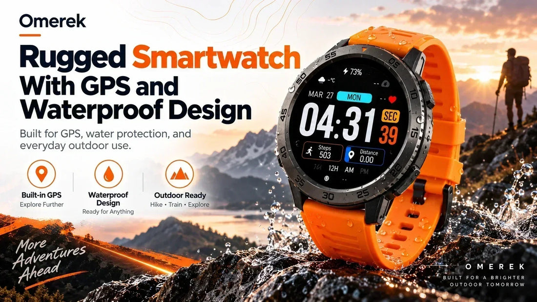 Rugged smartwatch with GPS and orange band shown in an outdoor mountain setting with water splashes