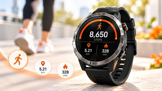 Simple step counter watch showing daily steps, distance and active time for easy fitness tracking