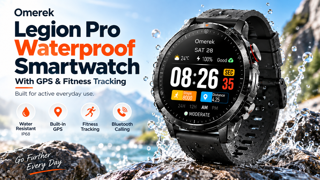 Omerek Legion Pro waterproof smartwatch with GPS and fitness tracking in an outdoor water setting.