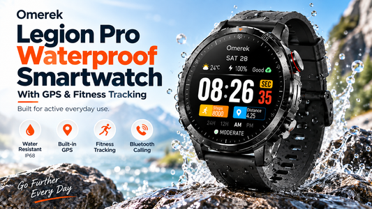 Omerek Legion Pro waterproof smartwatch with GPS and fitness tracking in an outdoor water setting.