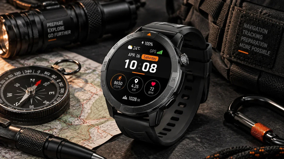 Tactical smartwatch with GPS shown with navigation map, compass, and advanced tracking tools